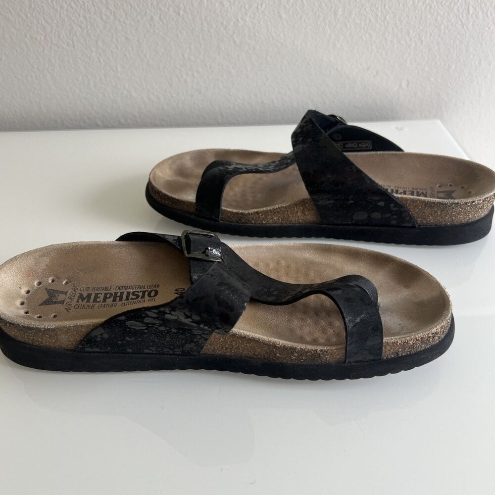 Mephisto Helen Black Paint Leather & Cork Slip On Sandals Size 40 - Picture 5 of 6